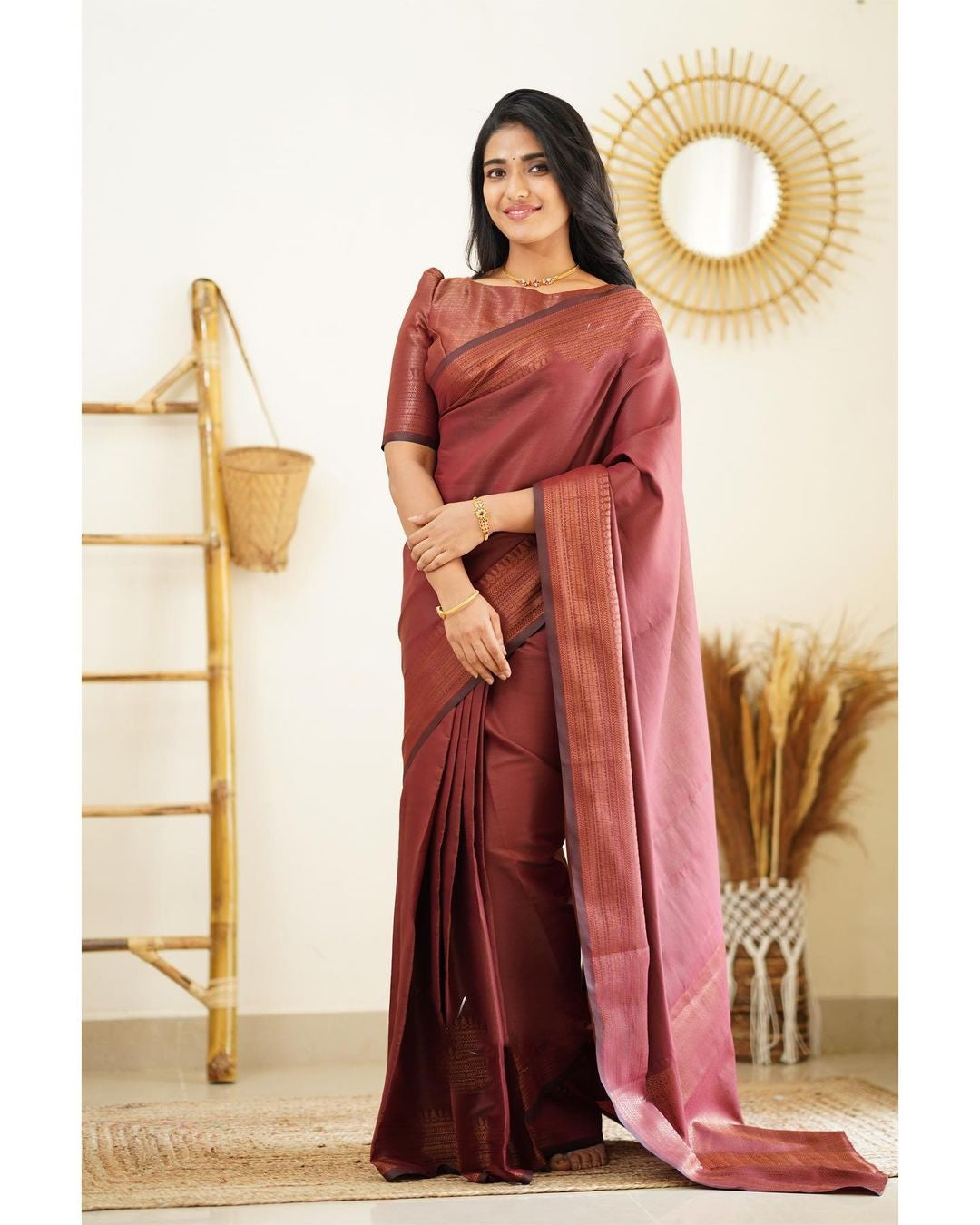 Moiety Wine Soft Silk Saree With Palimpsest Blouse Piece