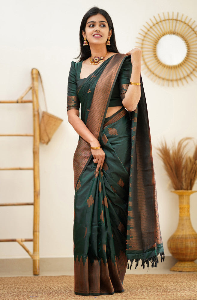 Attractive Dark Green Soft Silk Saree With Refreshing Blouse Piece ...