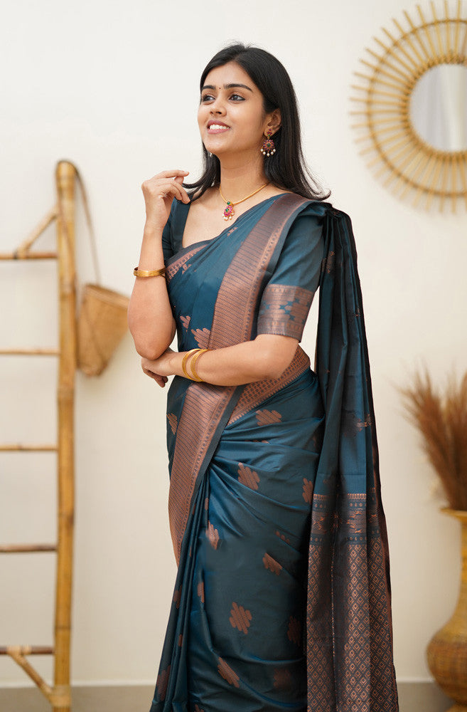 Prominent Rama Soft Silk Saree With Blissful Blouse Piece