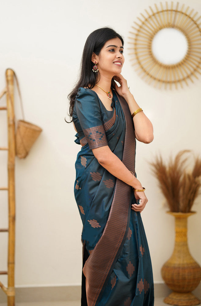 Prominent Rama Soft Silk Saree With Blissful Blouse Piece