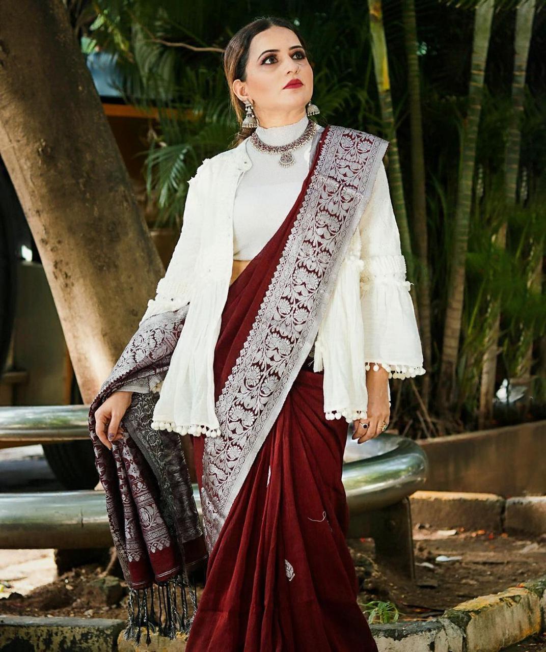 Deserving Wine Soft Banarasi Silk Saree With Attractive Blouse Piece