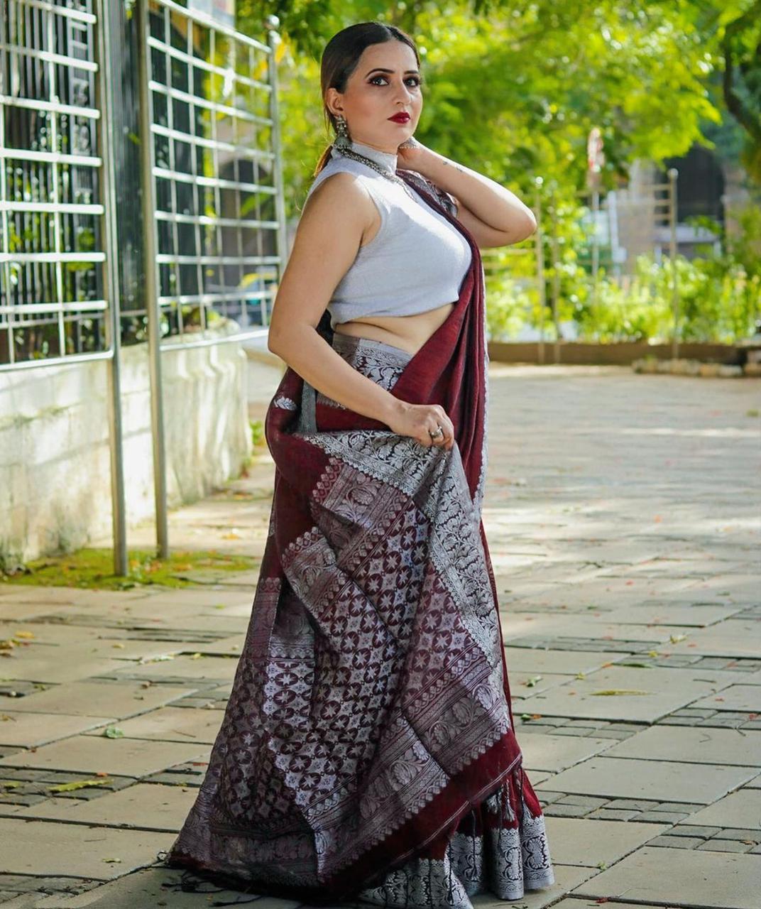 Deserving Wine Soft Banarasi Silk Saree With Attractive Blouse Piece