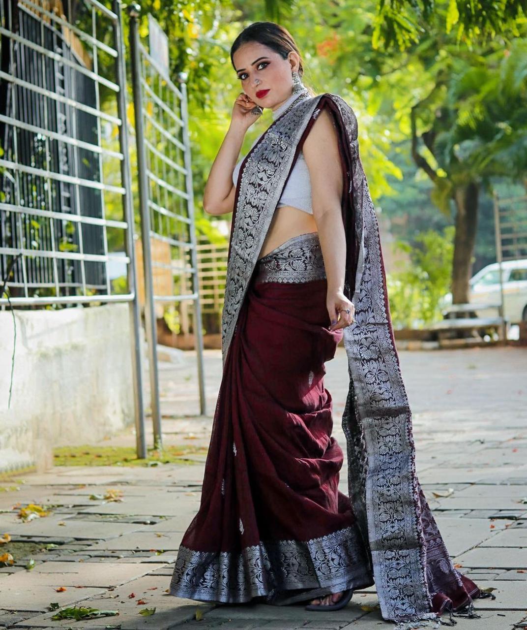 Deserving Wine Soft Banarasi Silk Saree With Attractive Blouse Piece