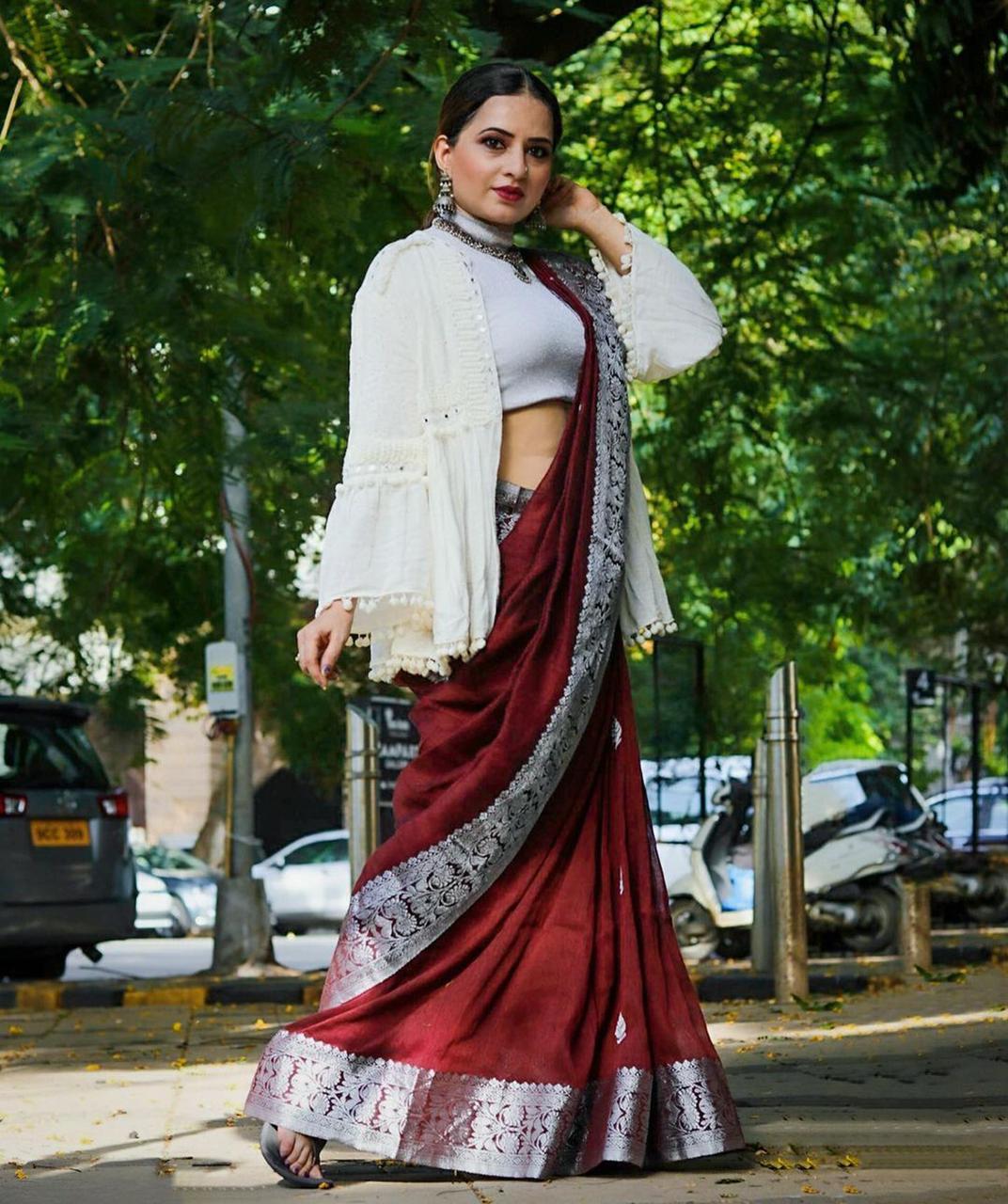 Deserving Wine Soft Banarasi Silk Saree With Attractive Blouse Piece