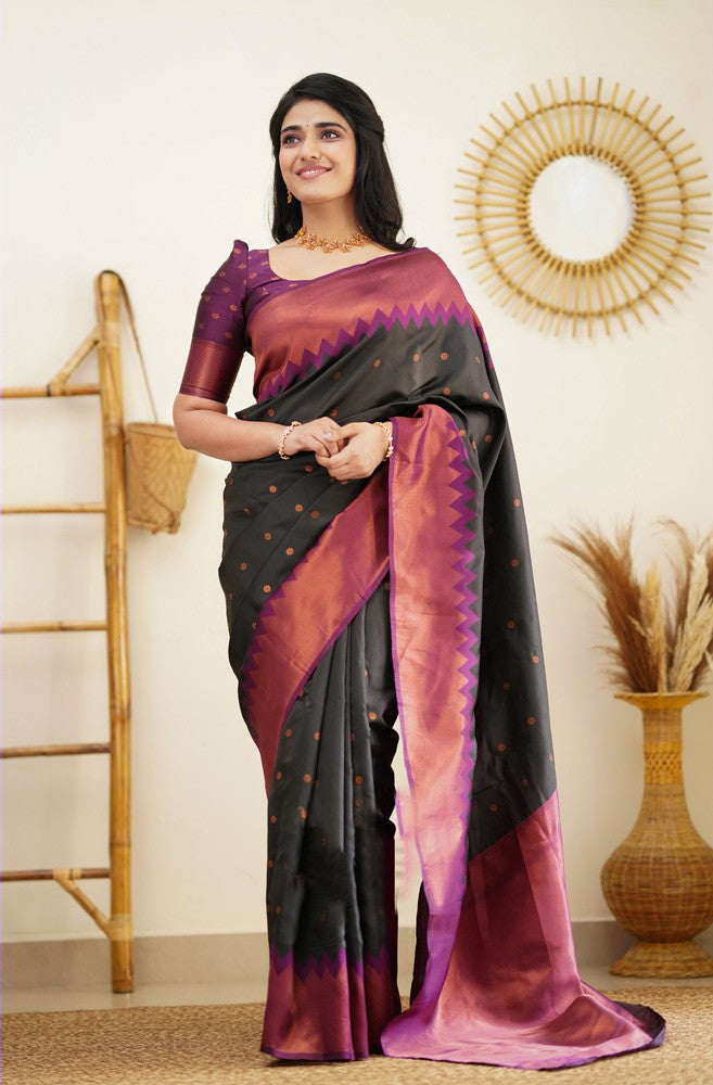 Breathtaking Black Soft Silk Saree with Glittering Blouse Piece