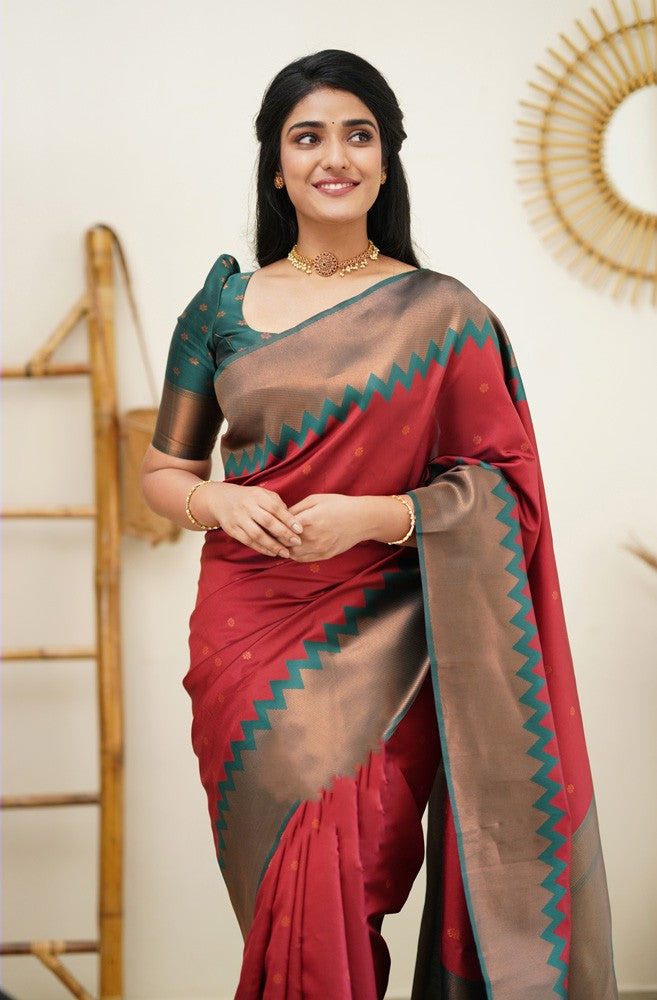 Demesne Maroon Soft Silk Saree with Eloquence Blouse Piece