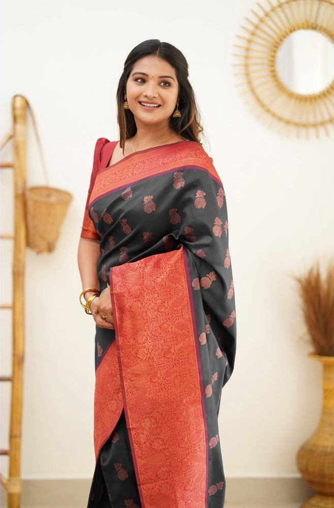 Scrumptious Black Soft Banarasi Silk Saree With Luxuriant Blouse Piece