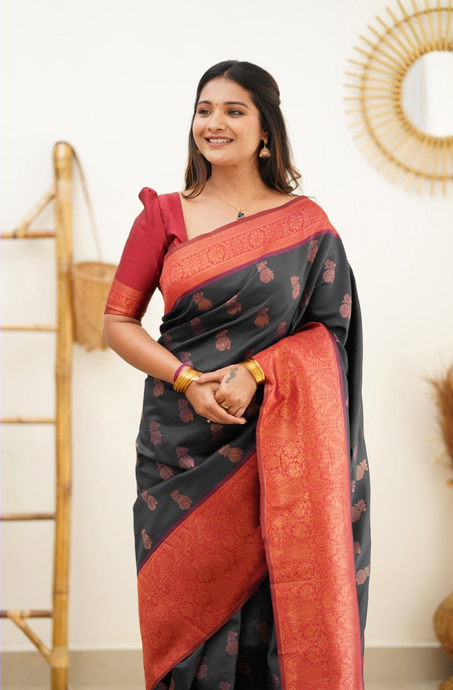 Scrumptious Black Soft Banarasi Silk Saree With Luxuriant Blouse Piece