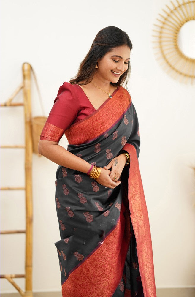 Scrumptious Black Soft Banarasi Silk Saree With Luxuriant Blouse Piece