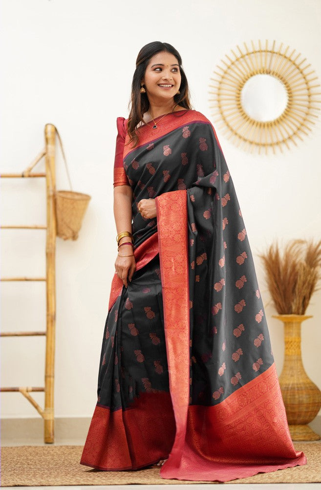 Scrumptious Black Soft Banarasi Silk Saree With Luxuriant Blouse Piece