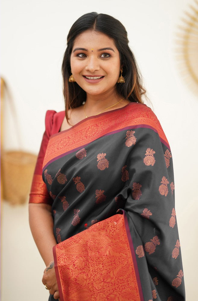 Scrumptious Black Soft Banarasi Silk Saree With Luxuriant Blouse Piece