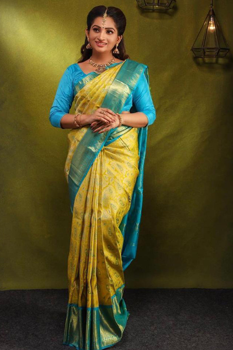 Extraordinary Yellow Soft Silk Saree With Engrossing Blouse Piece