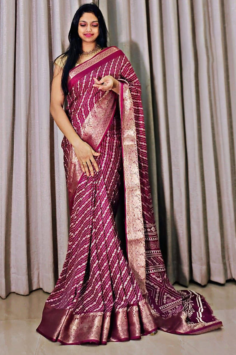 Wonderful Wine Digital Printed Dola Silk Saree With Scrumptious Blouse Piece