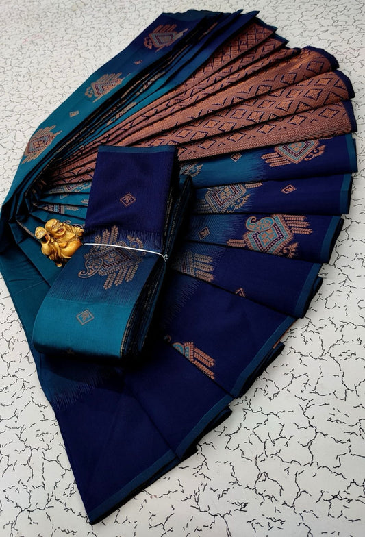 Stunner Firozi Soft Banarasi Silk Saree With Exceptional Blouse Piece