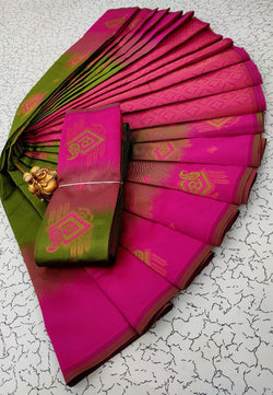 Twirling Mehandi Soft Banarasi Silk Saree With Bewitching Blouse Piece