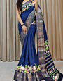 Flameboyant Navy Blue Digital Printed Dola Silk Saree With Imbrication Blouse Piece
