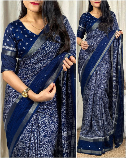 Classy Blue Digital Printed Dola Silk Saree With Evanescent Blouse Piece