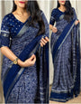 Classy Blue Digital Printed Dola Silk Saree With Evanescent Blouse Piece