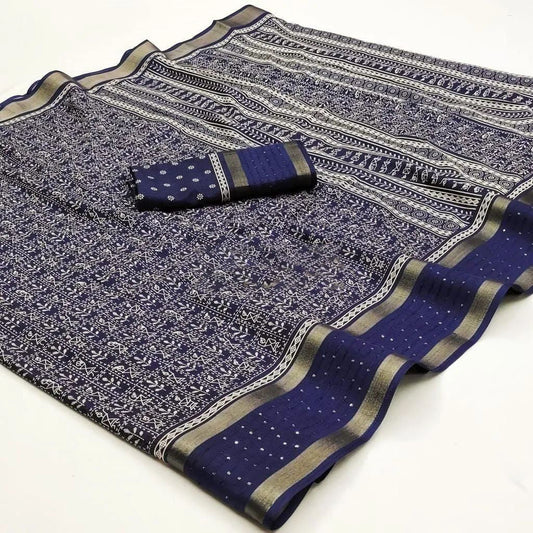 Classy Blue Digital Printed Dola Silk Saree With Evanescent Blouse Piece