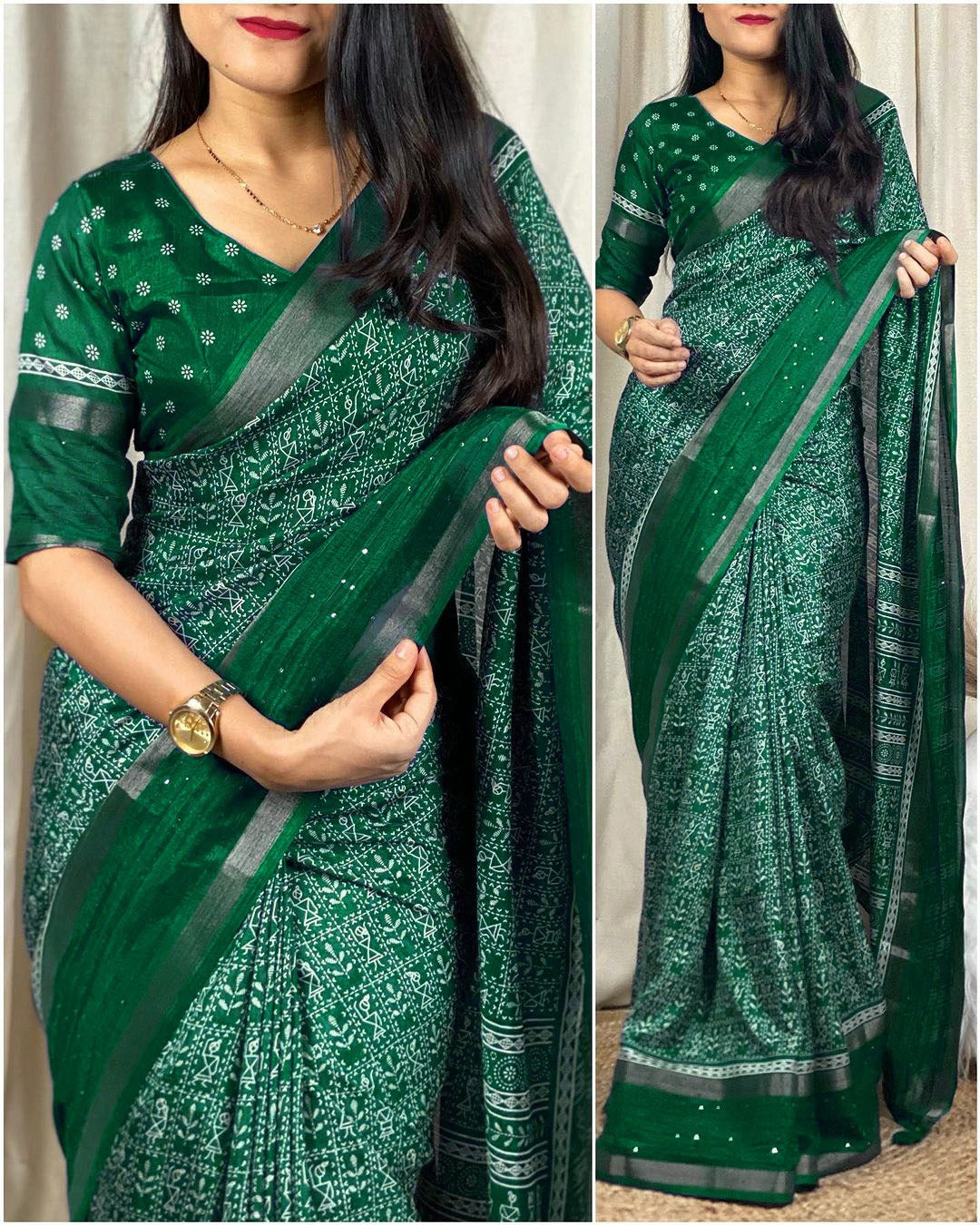 Pretty Dark Green Digital Printed Dola Silk Saree With Demesne Blouse Piece