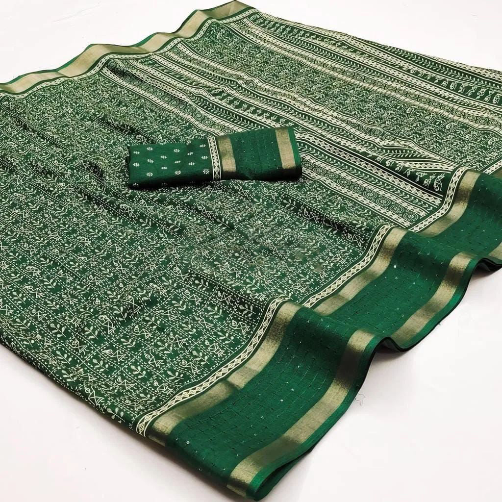 Pretty Dark Green Digital Printed Dola Silk Saree With Demesne Blouse Piece