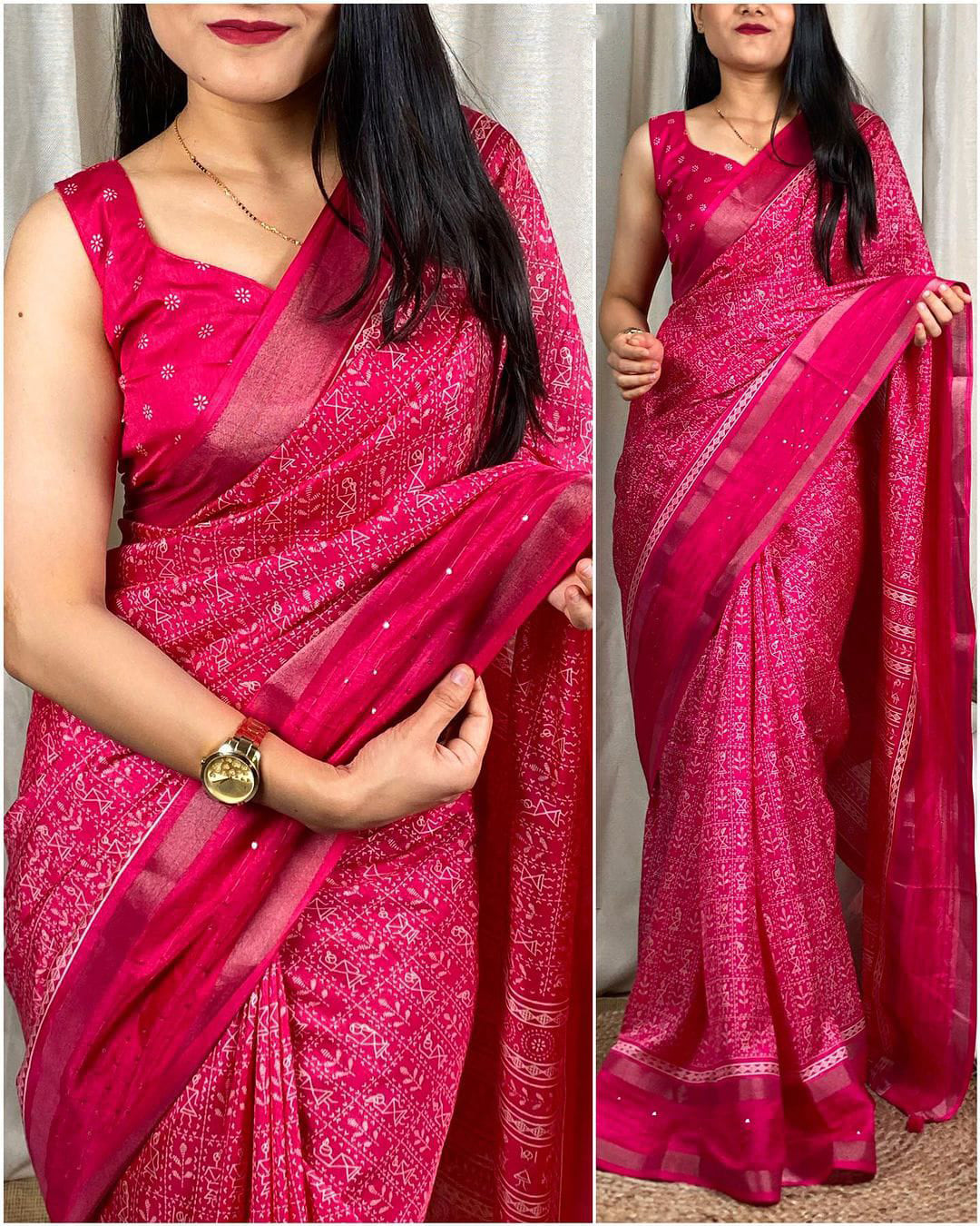 Amazing Dark Pink Digital Printed Dola Silk Saree With Exquisite Blouse Piece