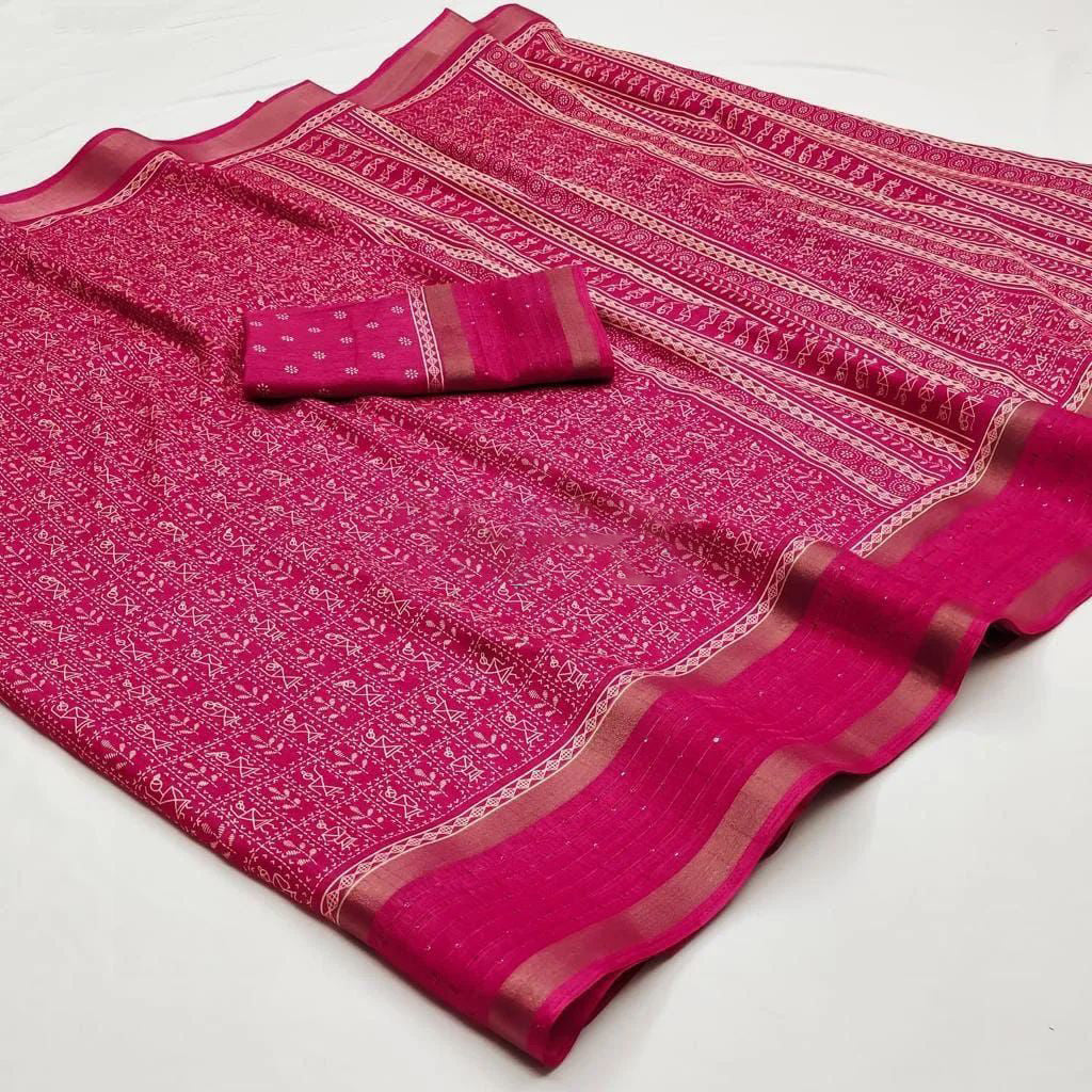 Amazing Dark Pink Digital Printed Dola Silk Saree With Exquisite Blouse Piece