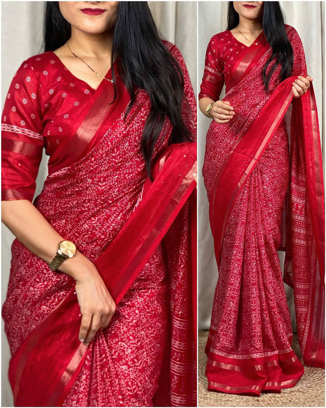 Innovative Red Digital Printed Dola Silk Saree With Lovely Blouse Piece