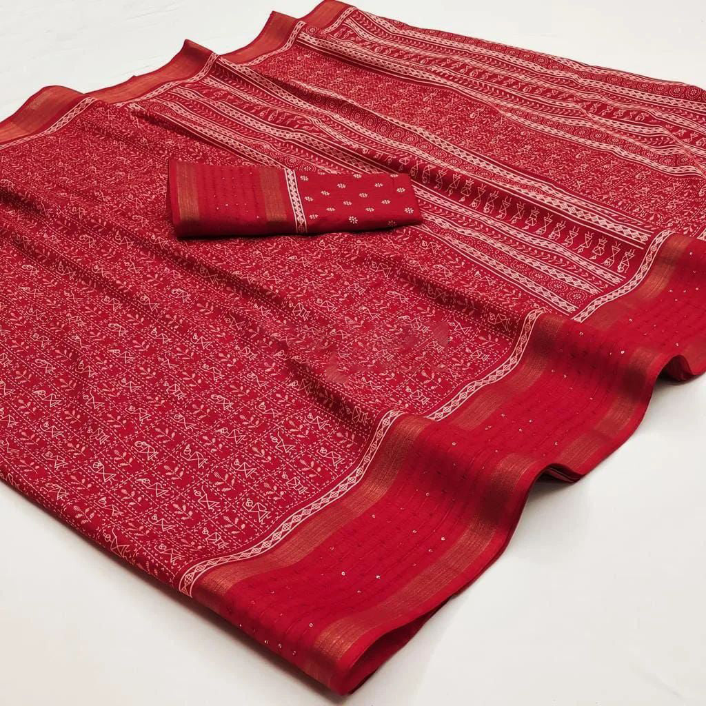 Innovative Red Digital Printed Dola Silk Saree With Lovely Blouse Piece