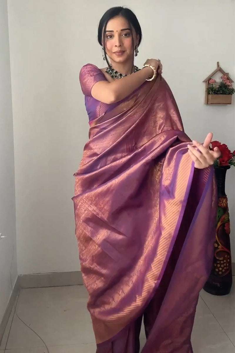 Enticing 1-Minute Ready To Wear Purple Kanjivaram Silk Saree