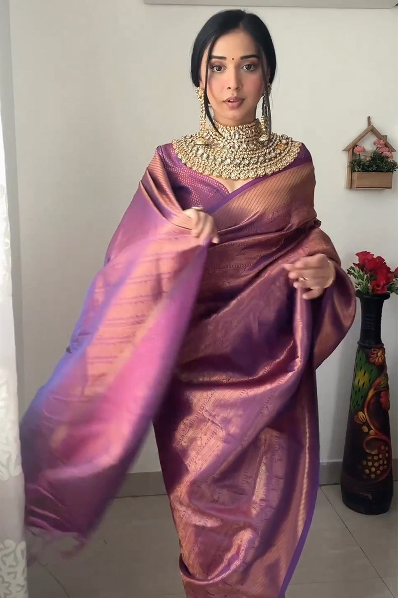 Enticing 1-Minute Ready To Wear Purple Kanjivaram Silk Saree